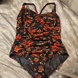 Torrid - One Piece Swimsuit with Red & Gold Floral Print